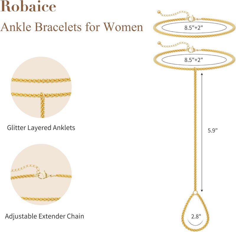 Robaice Ankle Bracelets for Women, Glitter Waterproof Adjustable Anklet for Women, 14K Gold Plated/Sterling Silver Layered Anklets, Summer Beach Anklet Jewelry for Women Gift - Image 5